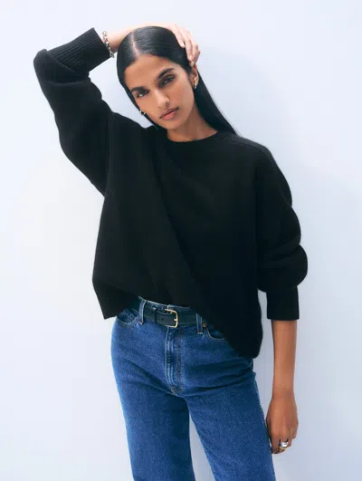 White & Warren Cashmere Saddle Sleeve Crewneck Top In Black