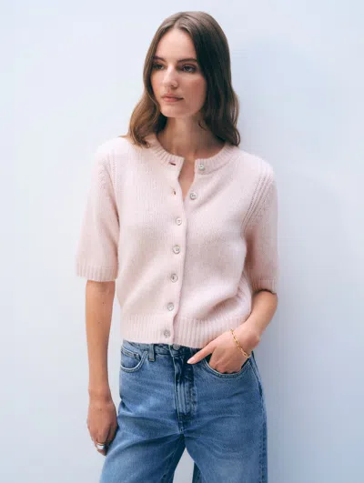 White & Warren Cashmere Short Sleeve Cardigan Sweater In Pink