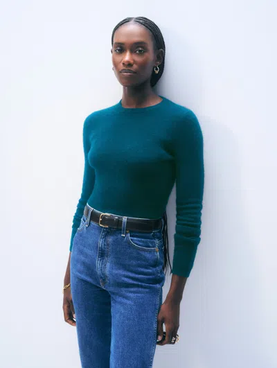 White & Warren Cashmere Slim Stretch Crewneck Top In Teal In Blue
