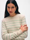 White & Warren Cashmere Striped Crewneck Top In Natural Heather/mint In Neutral