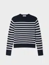 White & Warren Cashmere Striped Crewneck Top In White In Blue