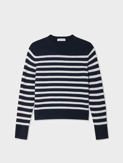 White & Warren Cashmere Striped Crewneck Top In White In Blue