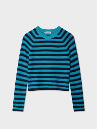 White & Warren Cashmere Striped Sweatshirt In Turquoise Sea Combo In Blue