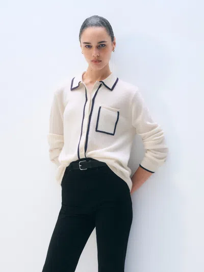White & Warren Cashmere Tipped Button Shirt Sweater In White