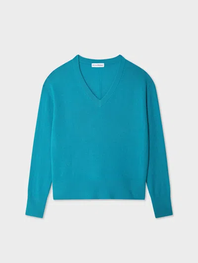 White & Warren Cashmere V Neck Sweater In Turquoise In Blue