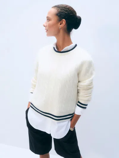 White & Warren Cashmere Varsity Cable Crewneck Top In Ivory/navy Blue In Multi