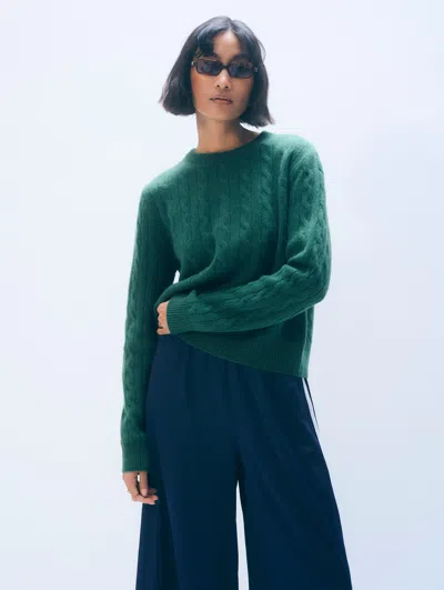 White & Warren Cashmere Varsity Cable Crewneck Top In Ivy Green
