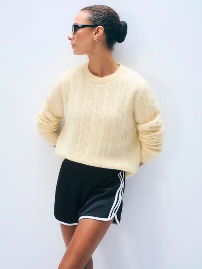 White & Warren Cashmere Varsity Cable Crewneck Top In Lemonade In Yellow
