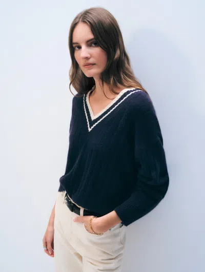 White & Warren Cashmere Varsity V Neck Sweater In Navy In Blue