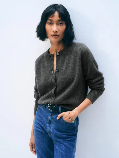 White & Warren Cashmere Waffle Cardigan Sweater In Dark Slate Heather In Gray