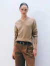 White & Warren Cashmere Wide Rib Trim V Neck In Khaki In Brown