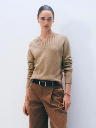 White & Warren Cashmere Wide Rib Trim V Neck In Khaki In Brown