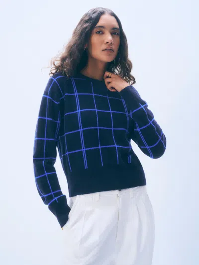 White + Warren White & Warren Cashmere Windowpane Crewneck Top In Navy In Blue