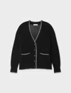 White & Warren Cotton Blanket Trim Cardigan Sweater In Black/ivory In Multi