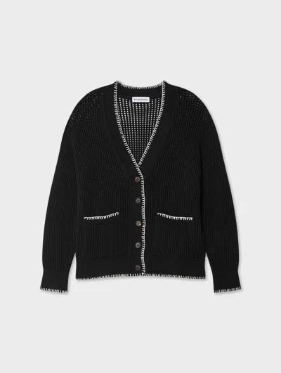 White & Warren Cotton Blanket Trim Cardigan Sweater In Black/ivory In Multi