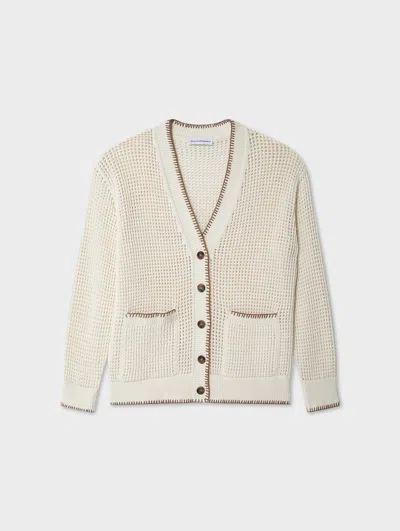 White & Warren Cotton Blanket Trim Cardigan Sweater In Ivory/suede In Neutral