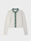 White & Warren Lofty Cotton Crochet Trim Cardigan Sweater In Teal In White