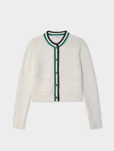 White & Warren Lofty Cotton Crochet Trim Cardigan Sweater In Teal
