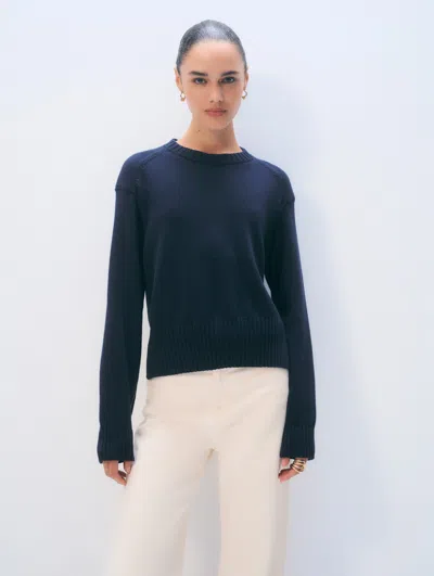 White & Warren Soft Cotton Rib Trim Sweatshirt In Navy In Blue