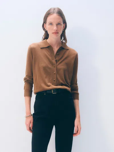 White & Warren Superfine Merino Polo Sweater In Burnt Caramel In Brown