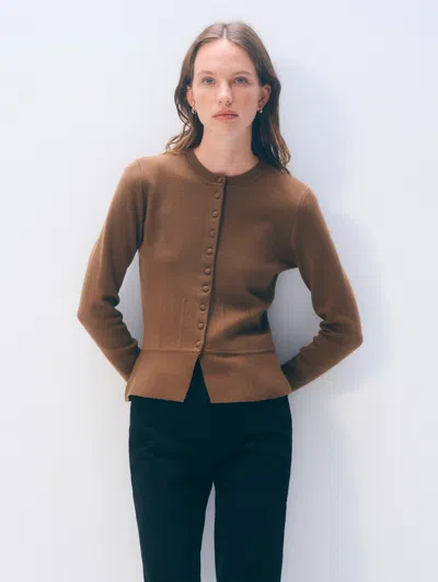 White & Warren Superfine Merino Waisted Cardigan Sweater In Burnt Caramel In Brown