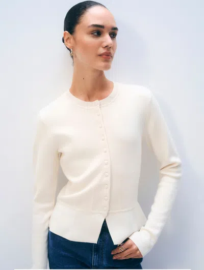 White & Warren Superfine Merino Waisted Cardigan Sweater In Cream