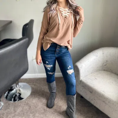 White Birch Bonfire Nights Soft Lace Up Pullover In Camel