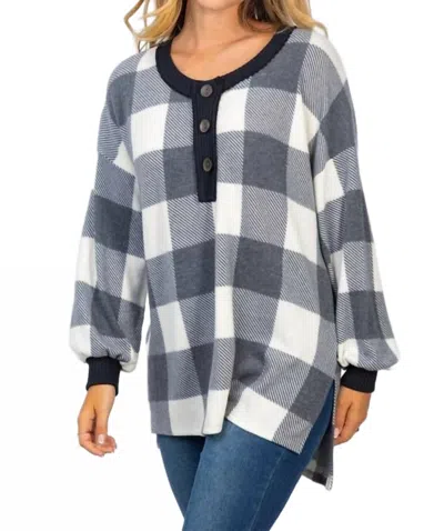 White Birch Buffalo Plaid Knit Top In Faded Charcoal/ivory In Multi