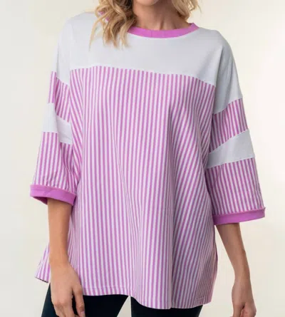 White Birch Crew Neck With Stripes Top In Purple In Pink