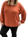 White Birch Faux Button Henley Sweater In Brick In Red
