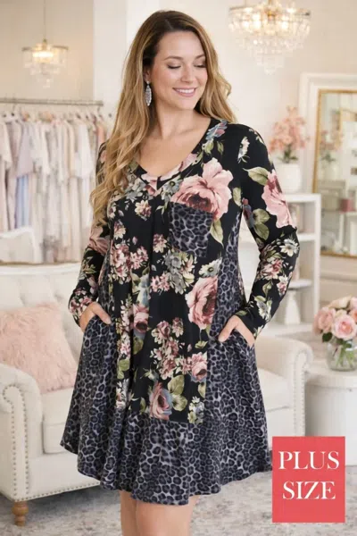 White Birch Floral & Cheetah Trim Dress - Plus In  In Multi