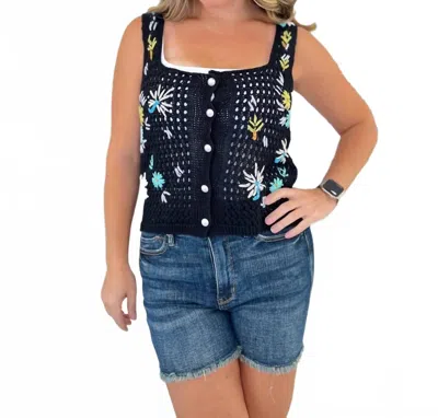 White Birch Floral Knit Pearl Button Tank In Black In Multi