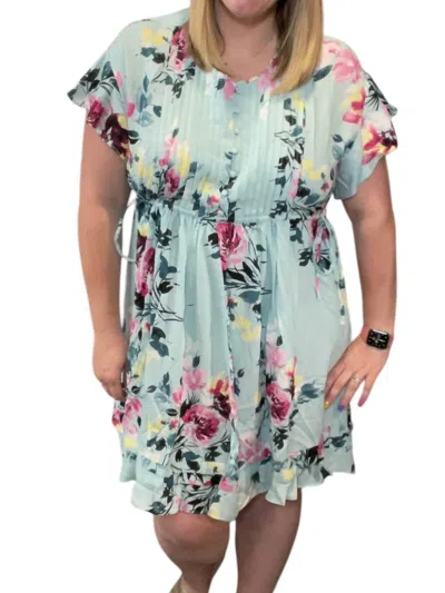 White Birch Floral Pintuck Dress In Sage Green