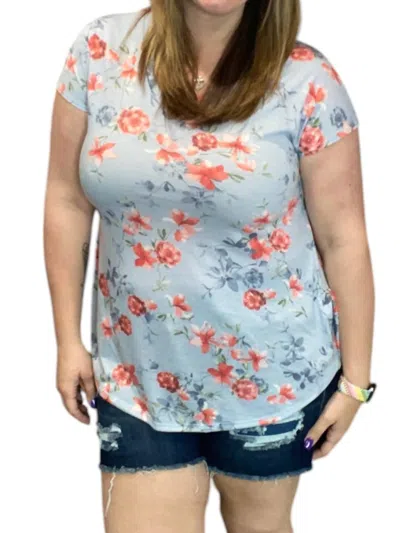 White Birch Floral Ruffle Tee In Grey In Blue