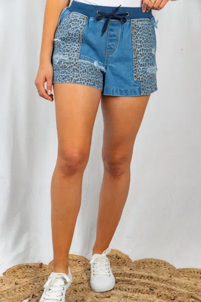 White Birch High Waisted Cheetah Shorts In Denim In Blue