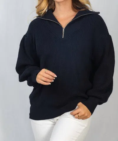 White Birch Knit Sweater With 3/4 Zip In Black In Blue