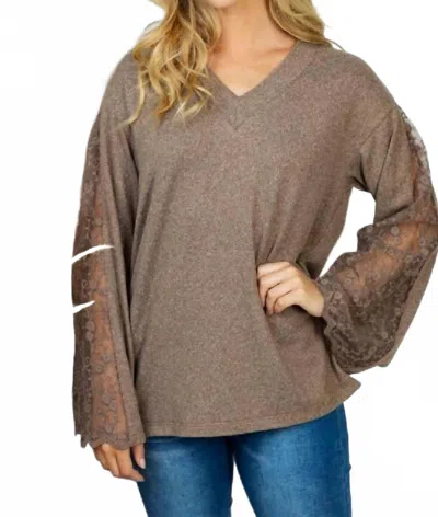 White Birch Lace Sleeve Solid V-neck Top In Mocha In Brown