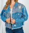 White Birch Leopard Frayed Denim Jacket In Blue In Blue