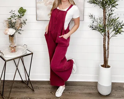 White Birch Let's Do This Cotton Wide-leg Overalls In Plum In Pink