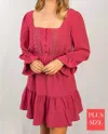 White Birch Long Poet Sleeve Solid Lace Trim Dress In Mauve In Multi
