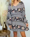 White Birch Long Sleeve Print Dress In Black In Gray