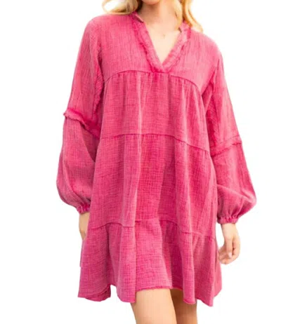 White Birch Long Sleeve Woven Dress In Berry In Pink