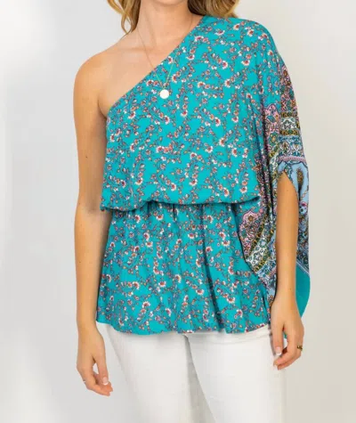 White Birch Off Shoulder Floral Print Top In Mint In Blue