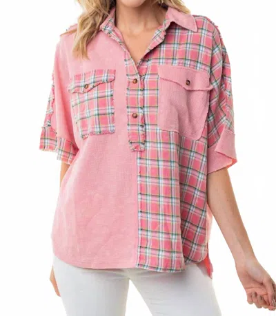 White Birch Plaid Block Half Button Top In Rose