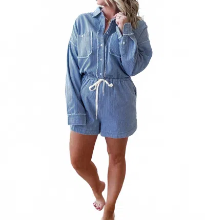White Birch Rita Striped Romper In Denim In Blue