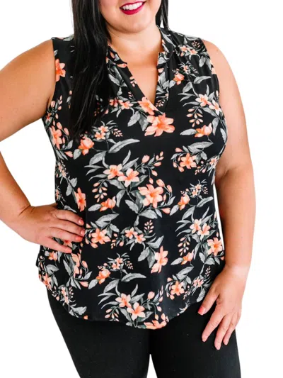 White Birch Sleeveless Floral Gabby Top In Black, Orange & Sage