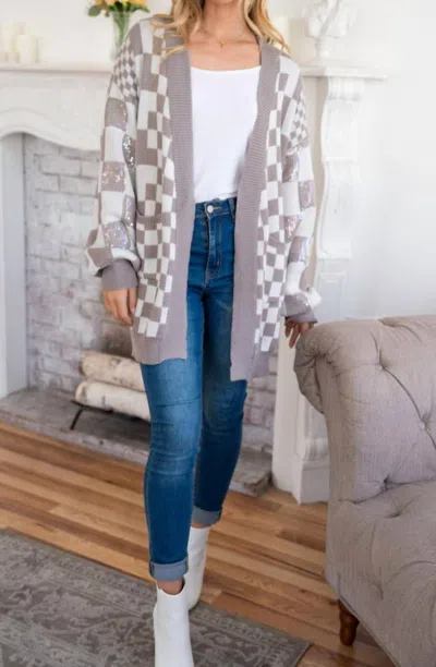 White Birch Steal The Spotlight Sequined Cardigan In Grey In White