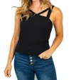 White Birch Strappy Neck Ribbed Tank In Black In Black