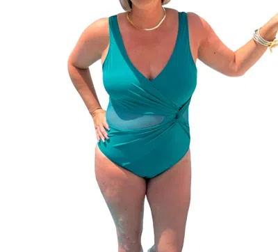 White Birch Surplice Twist Front One Piece Swimsuit - Reg/curvy In Teal In Blue