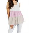 White Birch Tiered Linen Color Block Babydoll Top In Lavender